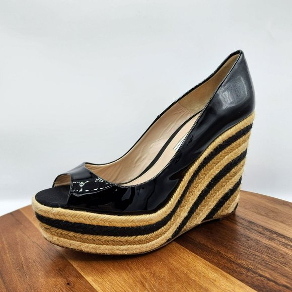 Brian Atwood Wedges Heels 40 Black Tan Cream Patent Leather Peep Toe Espadrilles - Picture 13 of 13